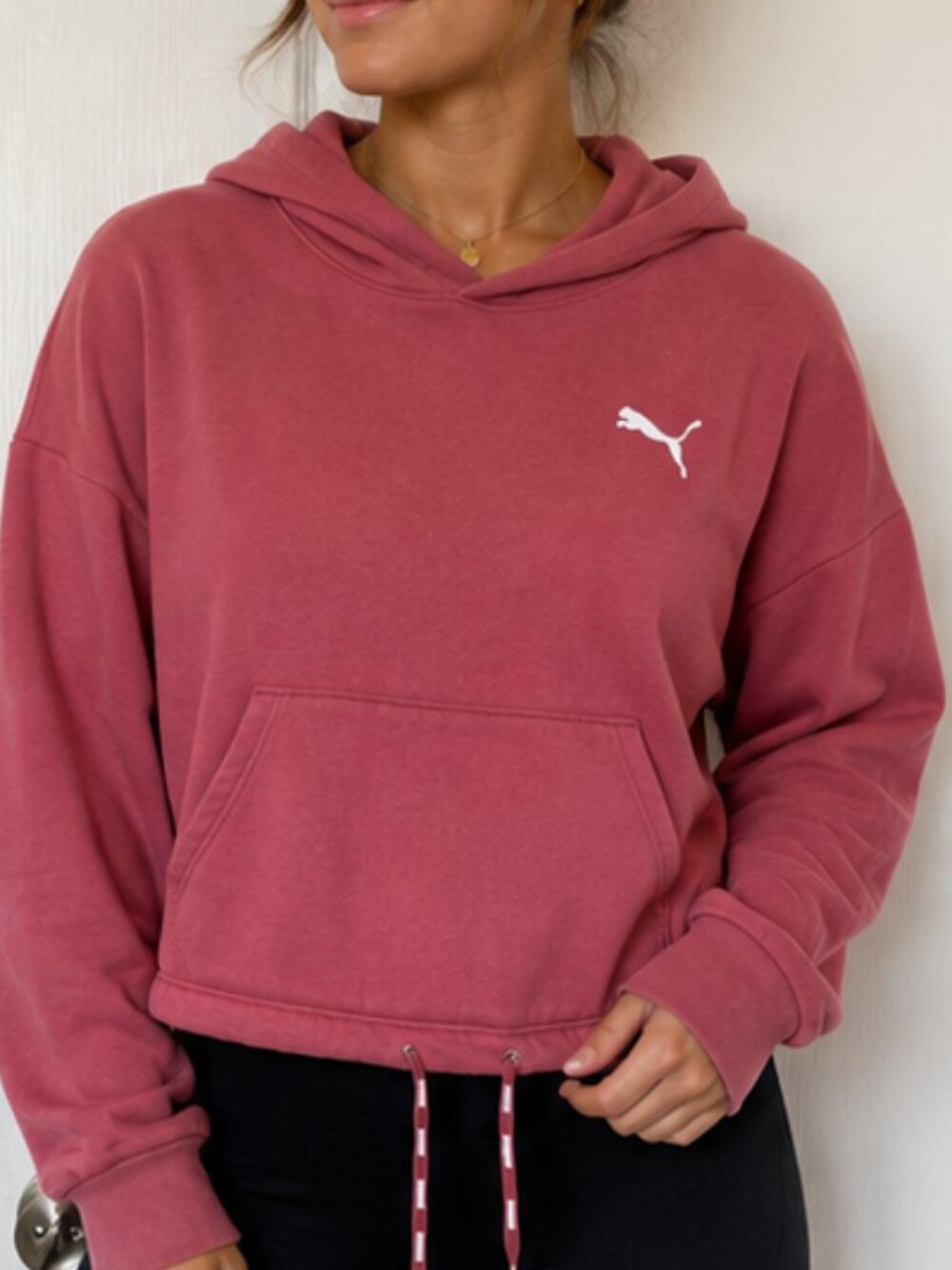 Puma Dusty Rose Pink Cropped Drawstring Hoodie Size Large